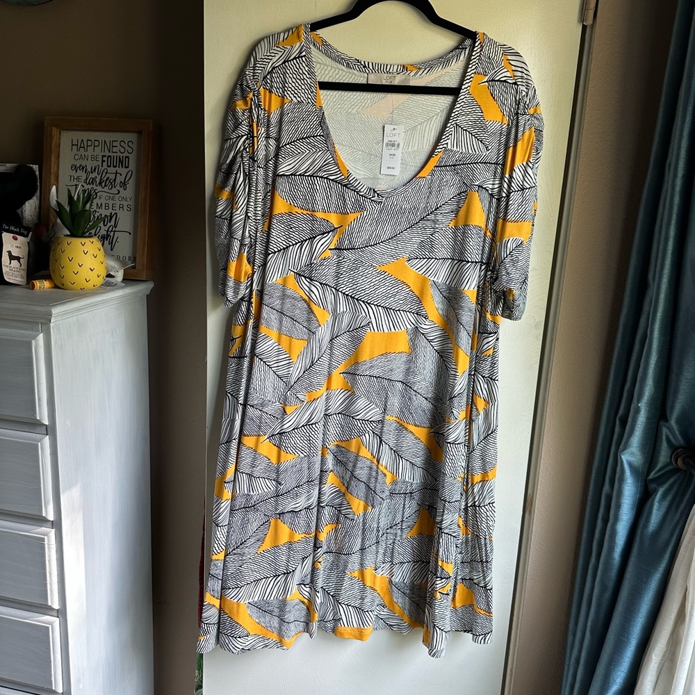 LOFT Gray and Yellow Patterned Dress
